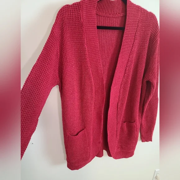 Burgundy Open Front Medium Weight Cardigan with Pockets - Picture 5 of 7